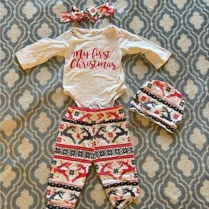 My First Christmas Outfit Set Size 0-3 Months with Matching Bow & Hat